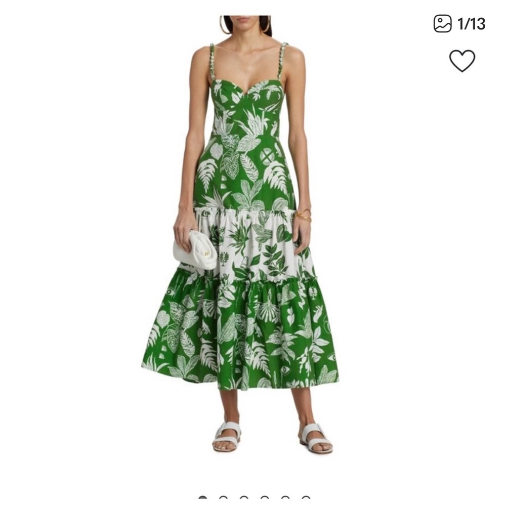 FARM Rio Green & White Tropical Tiered Midi Dress